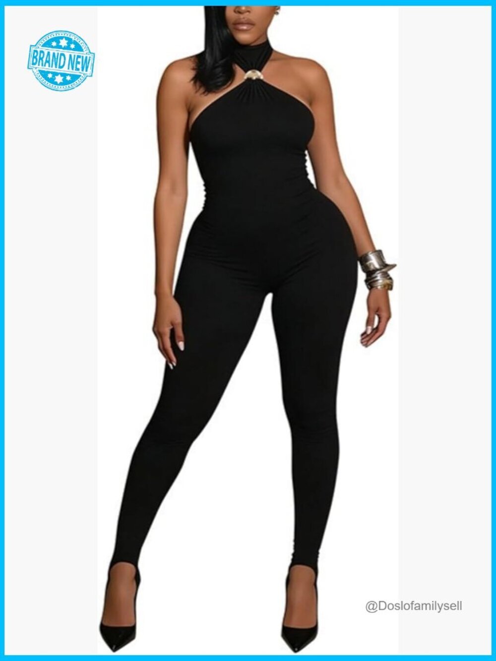 Sexy Halter Neck Bodycon Jumpsuit Sleeveless Fitted Pleated Zipper Back